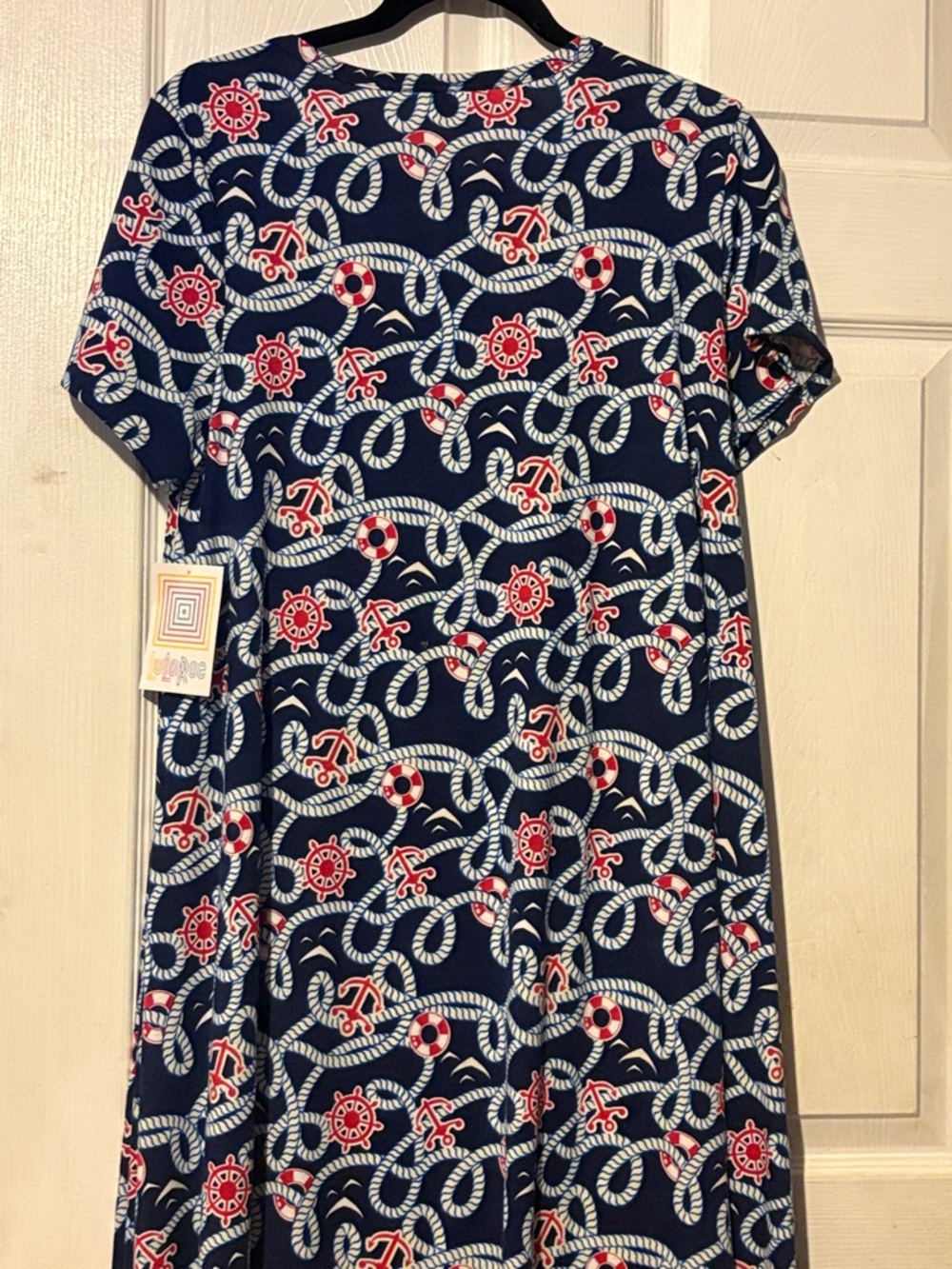 LuLaRoe Navy Carly Midi Dress with Red and White Nautical Rope Print NWT Medium - Picture 3 of 3